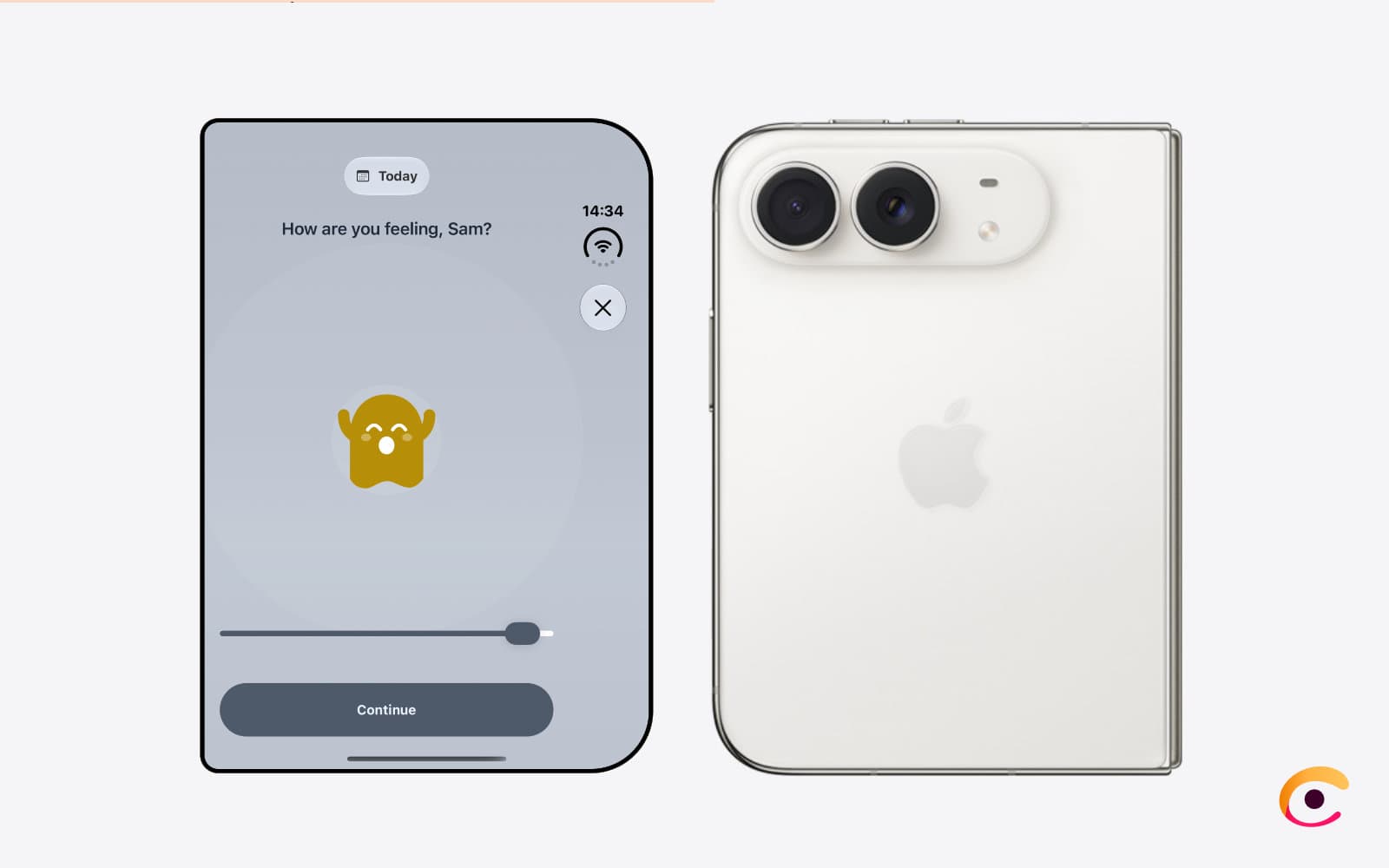 Logging a mood in Luci on the outer display of iPhone Duo, with the controls on the right side under the thumb