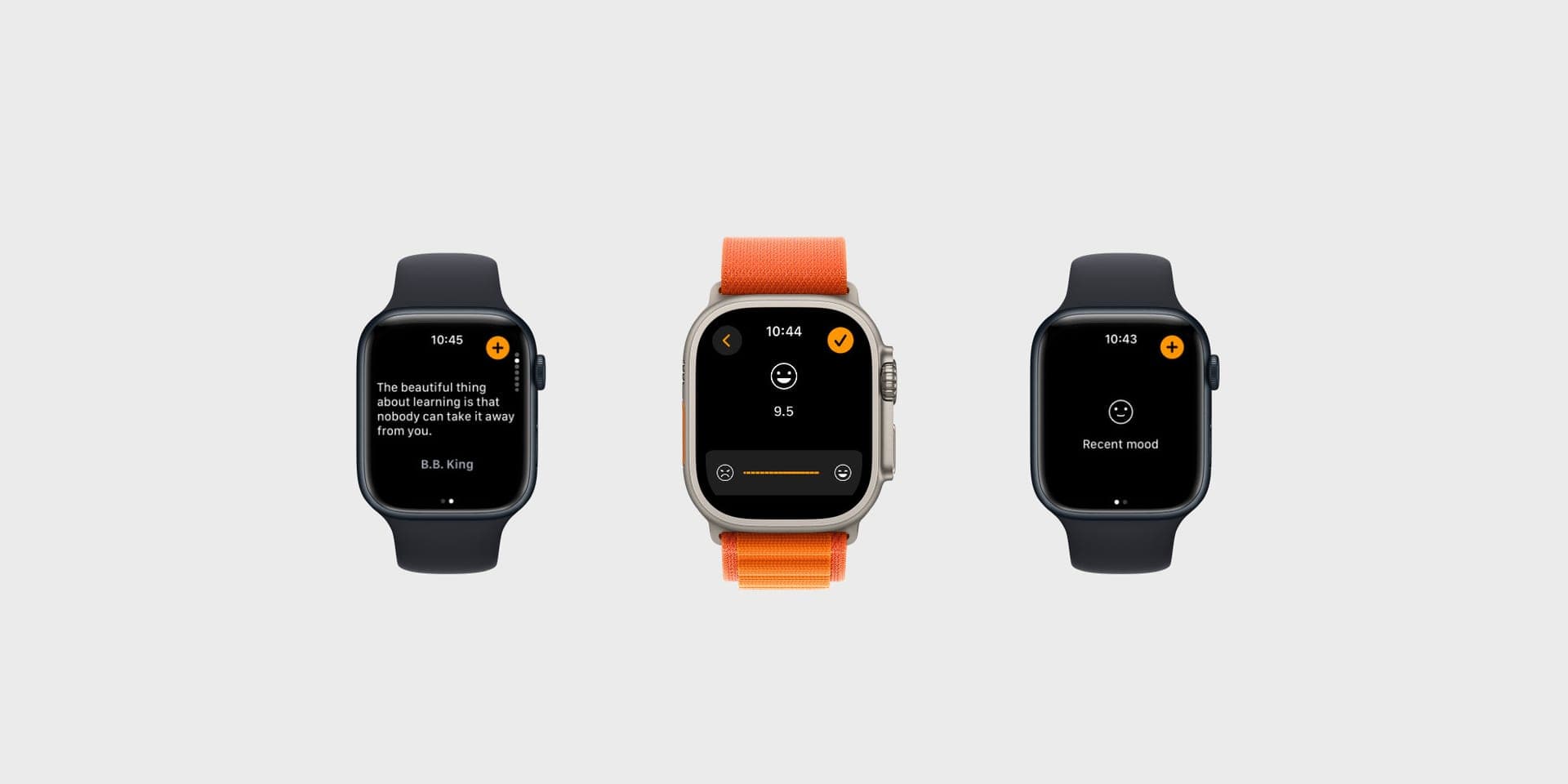 三只运行 Luci 的 Apple Watch：每日一句、用滑块打出 9.5 分的心情，以及最近心情页面