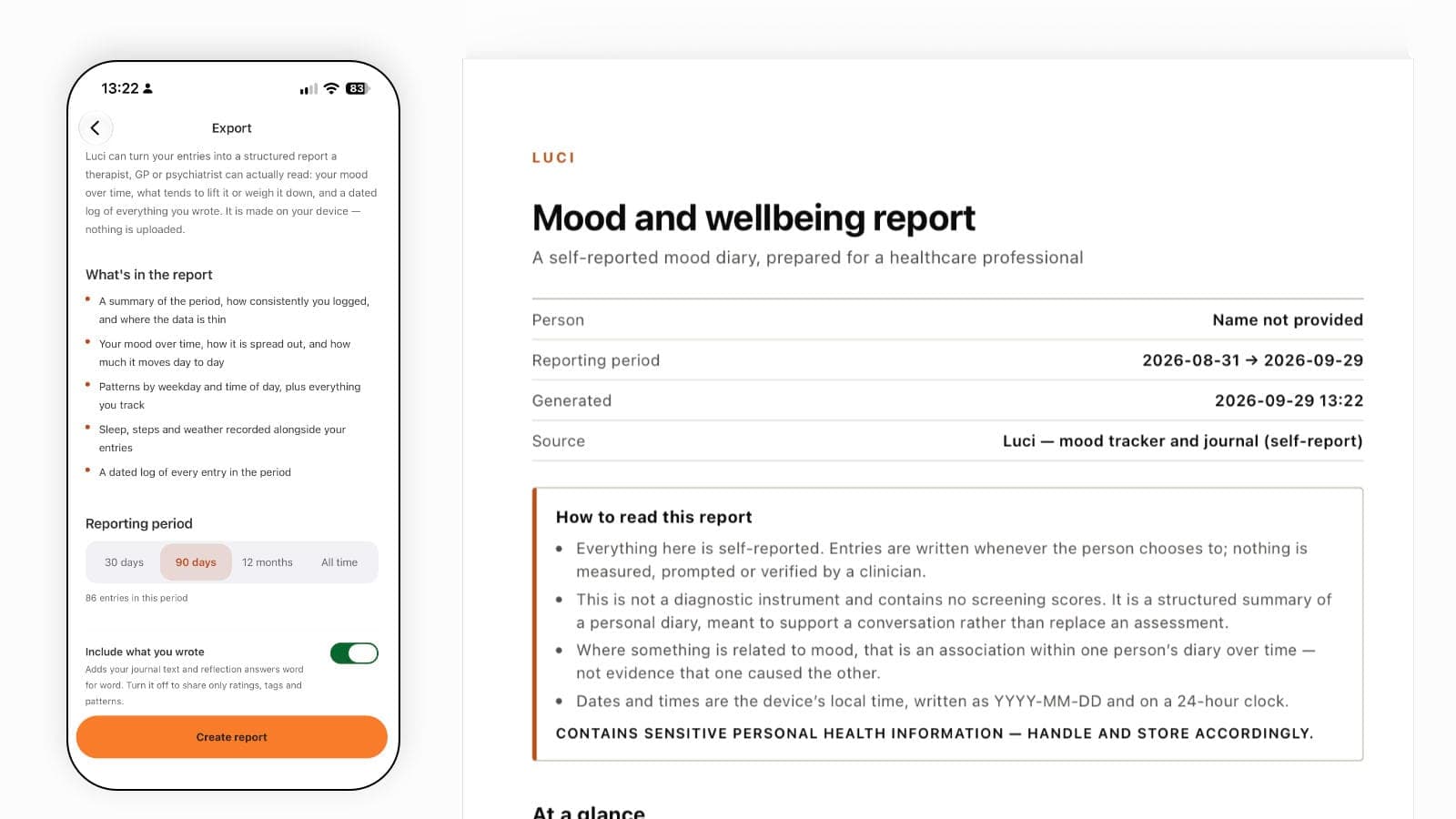 Luci's Export screen next to the PDF it creates: a mood and well-being report for a chosen reporting period