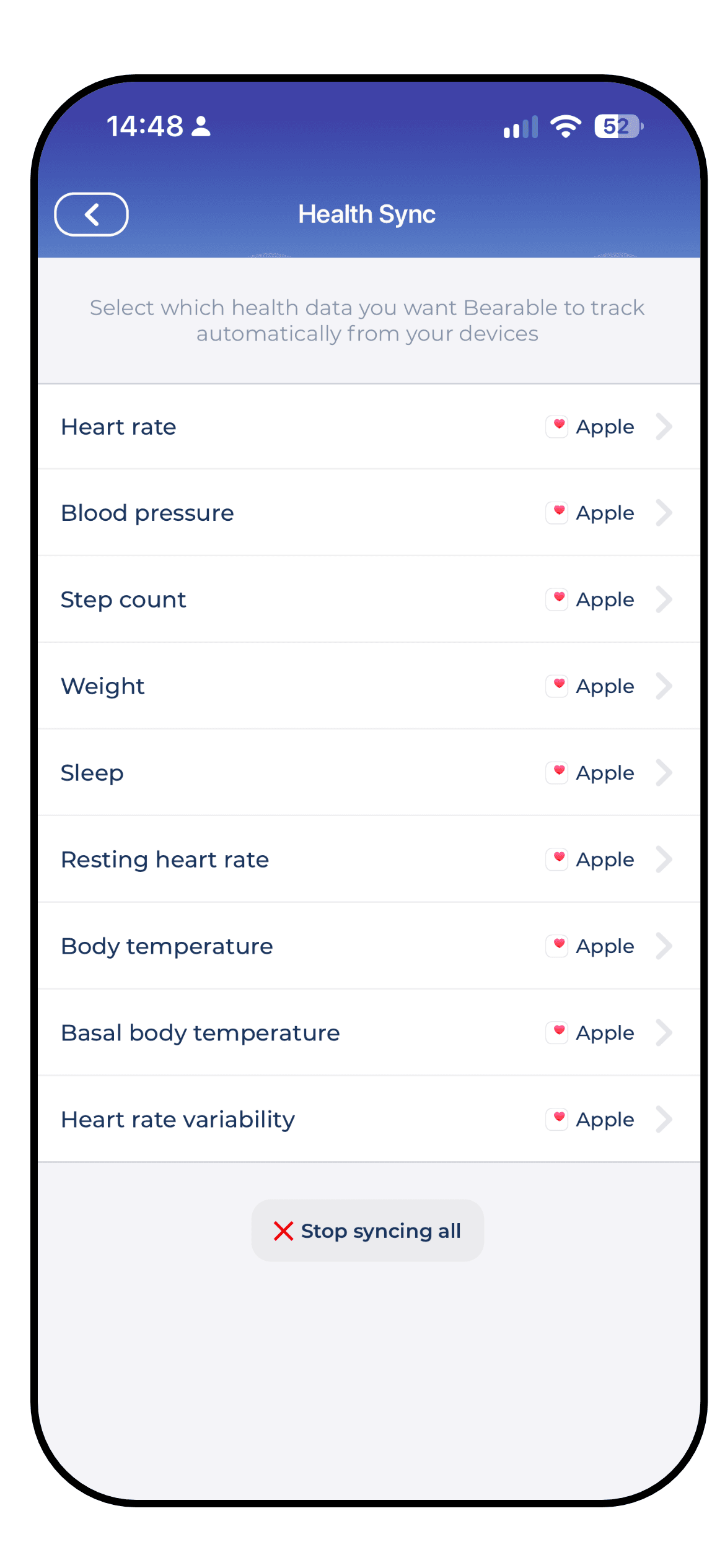 The Bearable health sync settings, reading heart rate, blood pressure, steps, sleep and more from Apple Health