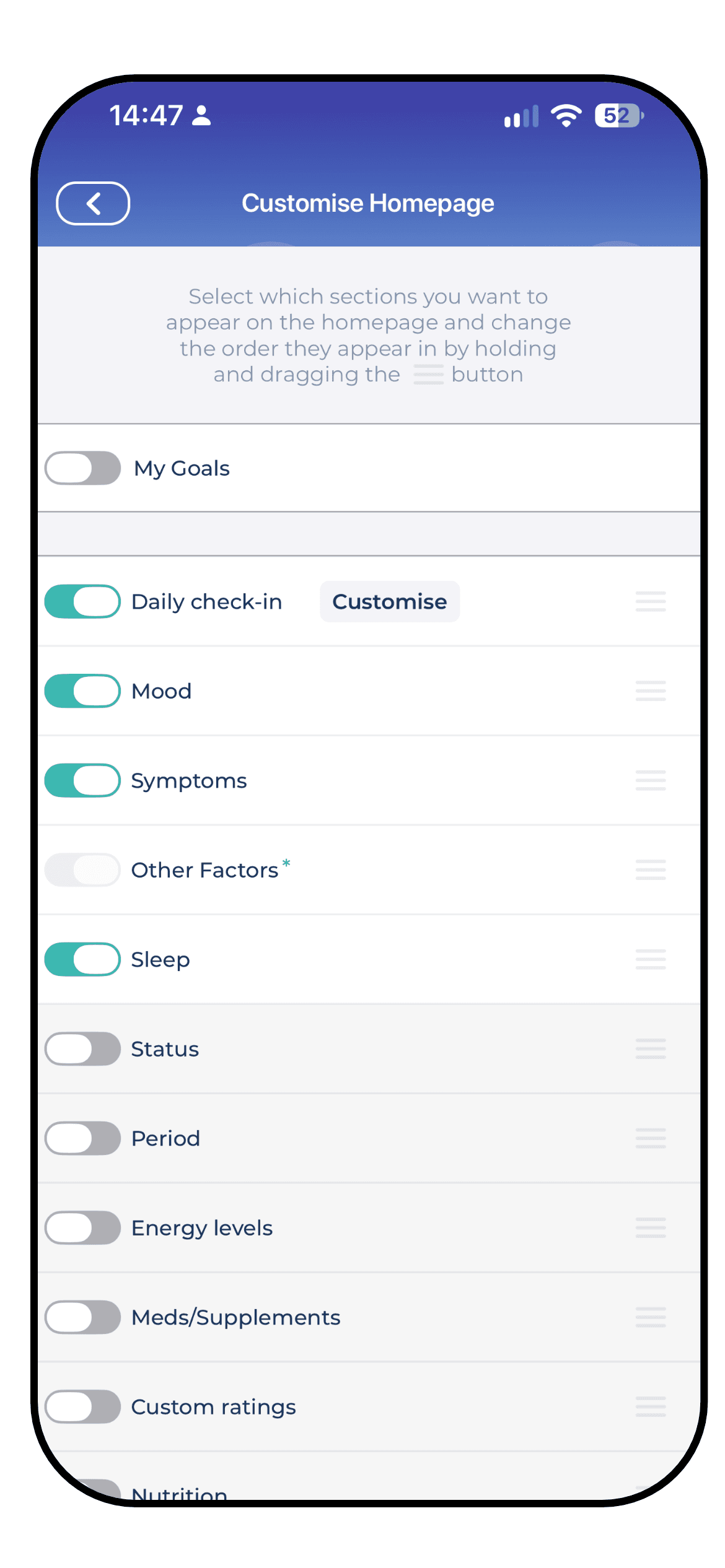 The Bearable homepage editor, with sections switched on and off and drag handles to reorder them