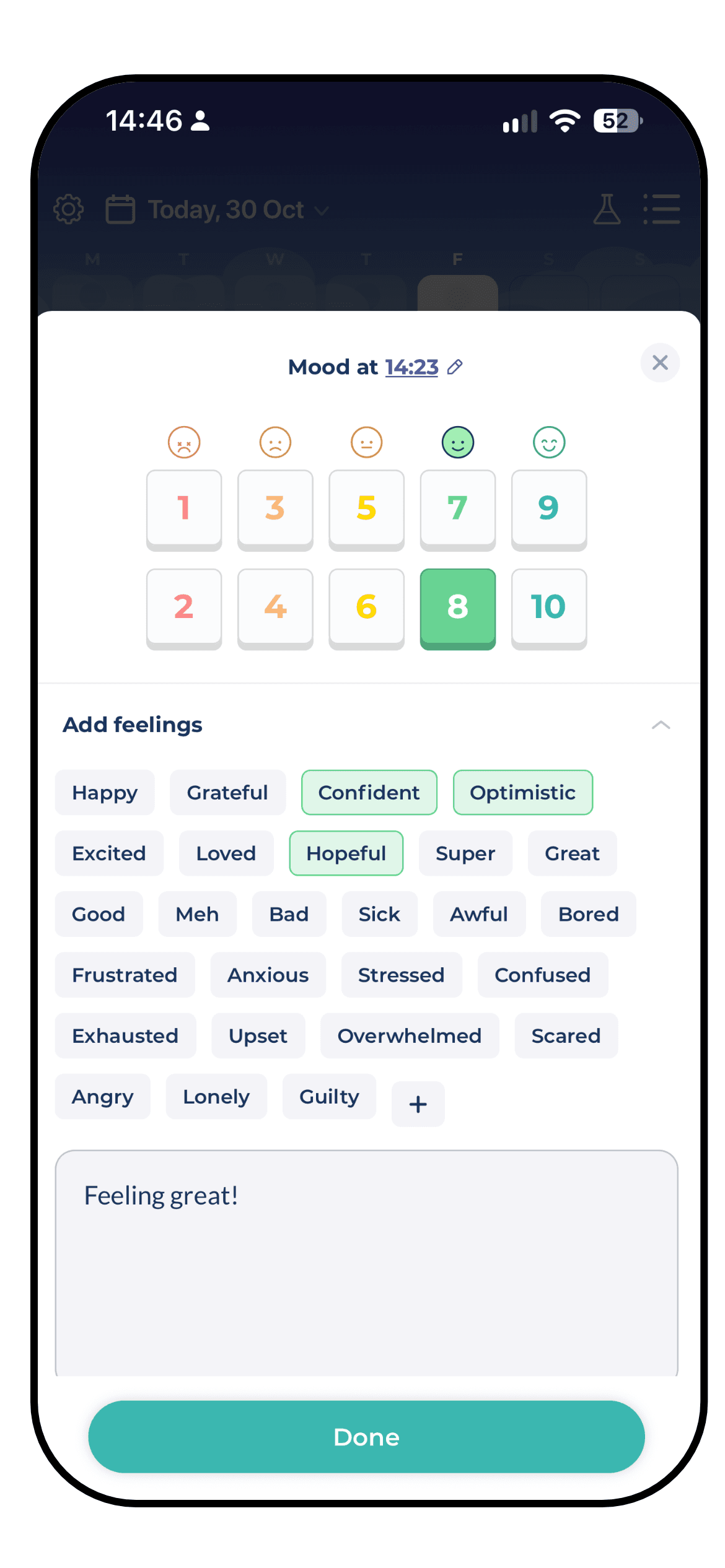 A Bearable mood entry with a rating, feelings selected and a short note