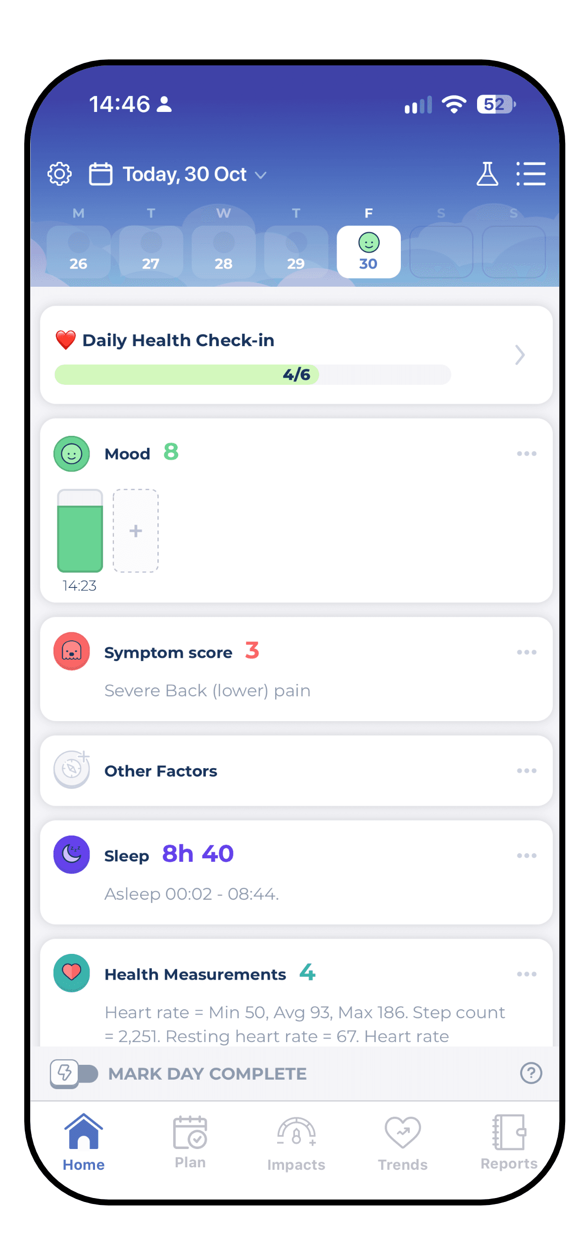 The Bearable homepage with the week strip, the check-in progress and the mood, symptom and sleep sections