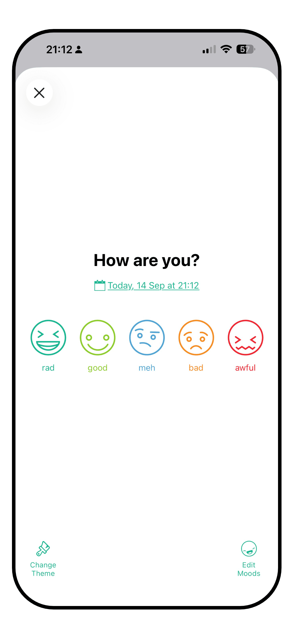The Daylio entry screen with the five-face mood picker and the activity grid