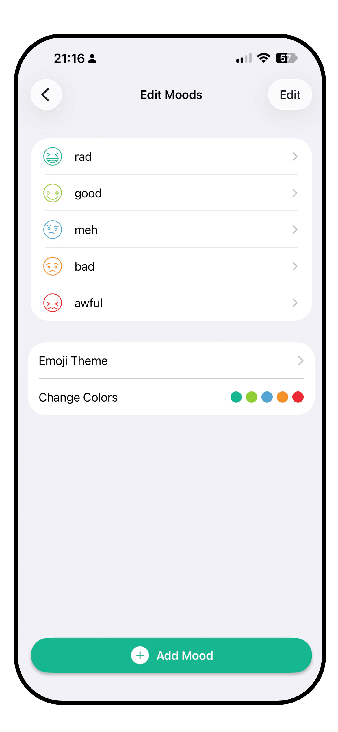 The Daylio mood editor with custom moods, icons and colour themes
