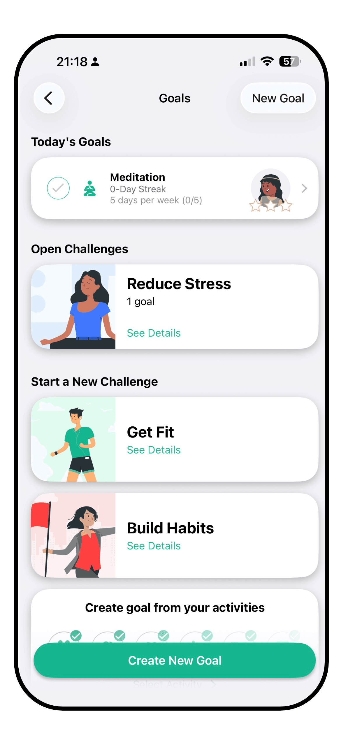 The Daylio goals screen with streaks and achievements