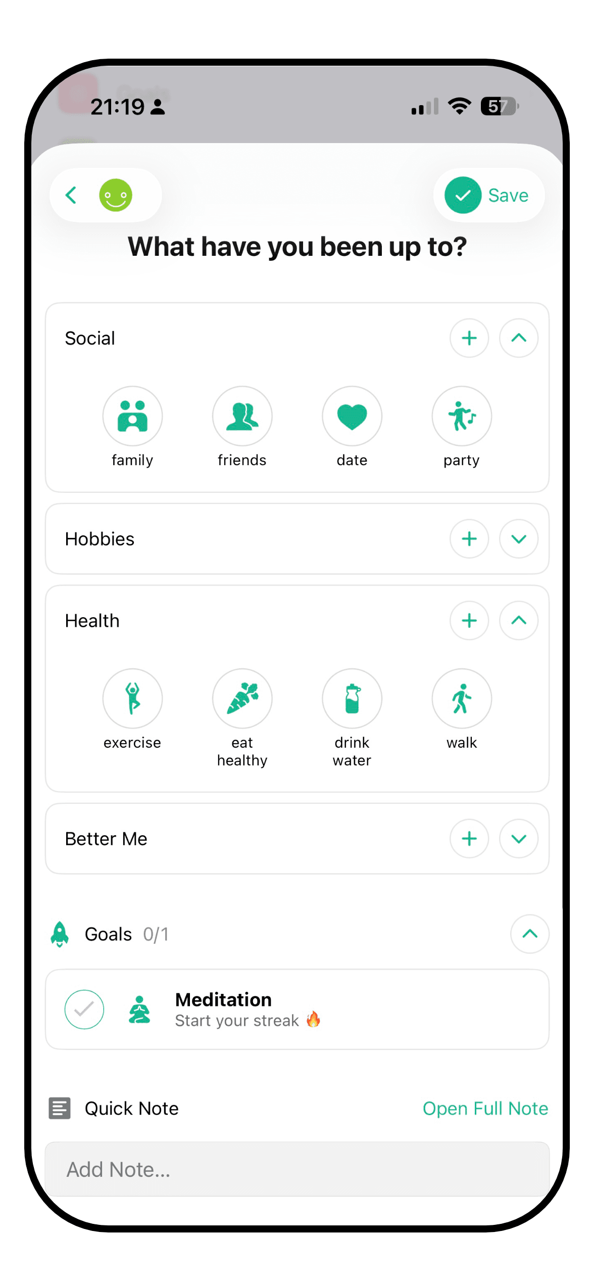 A Daylio entry with activities and a note, and no health or weather data