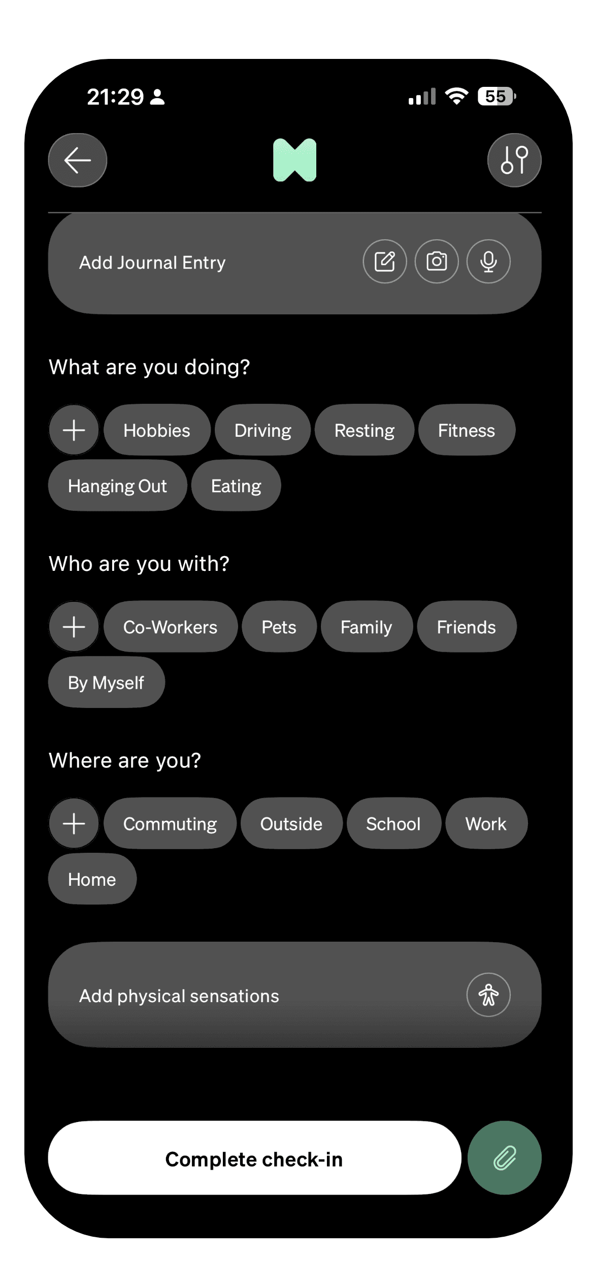 The How We Feel check-in options step with sleep, exercise, weather and intake fields