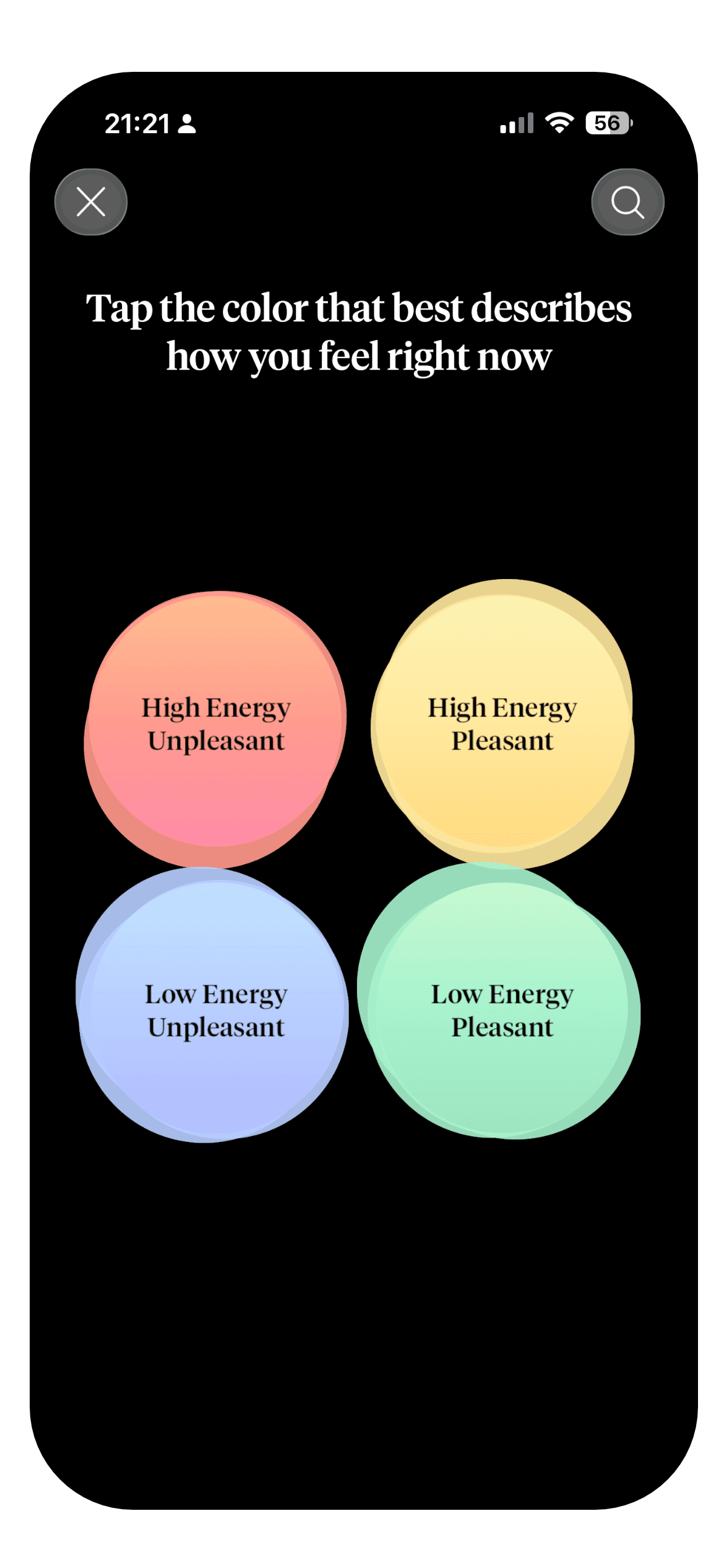 The How We Feel check-in with the four-colour Mood Meter grid and a feeling word selected