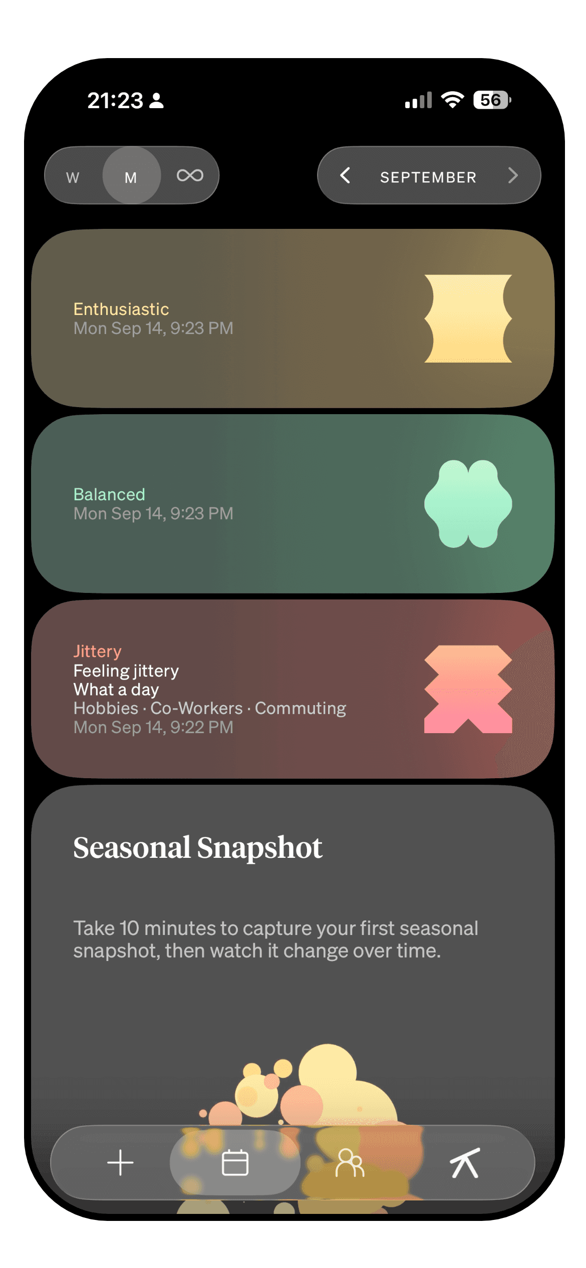 The How We Feel calendar view with a month of coloured check-ins