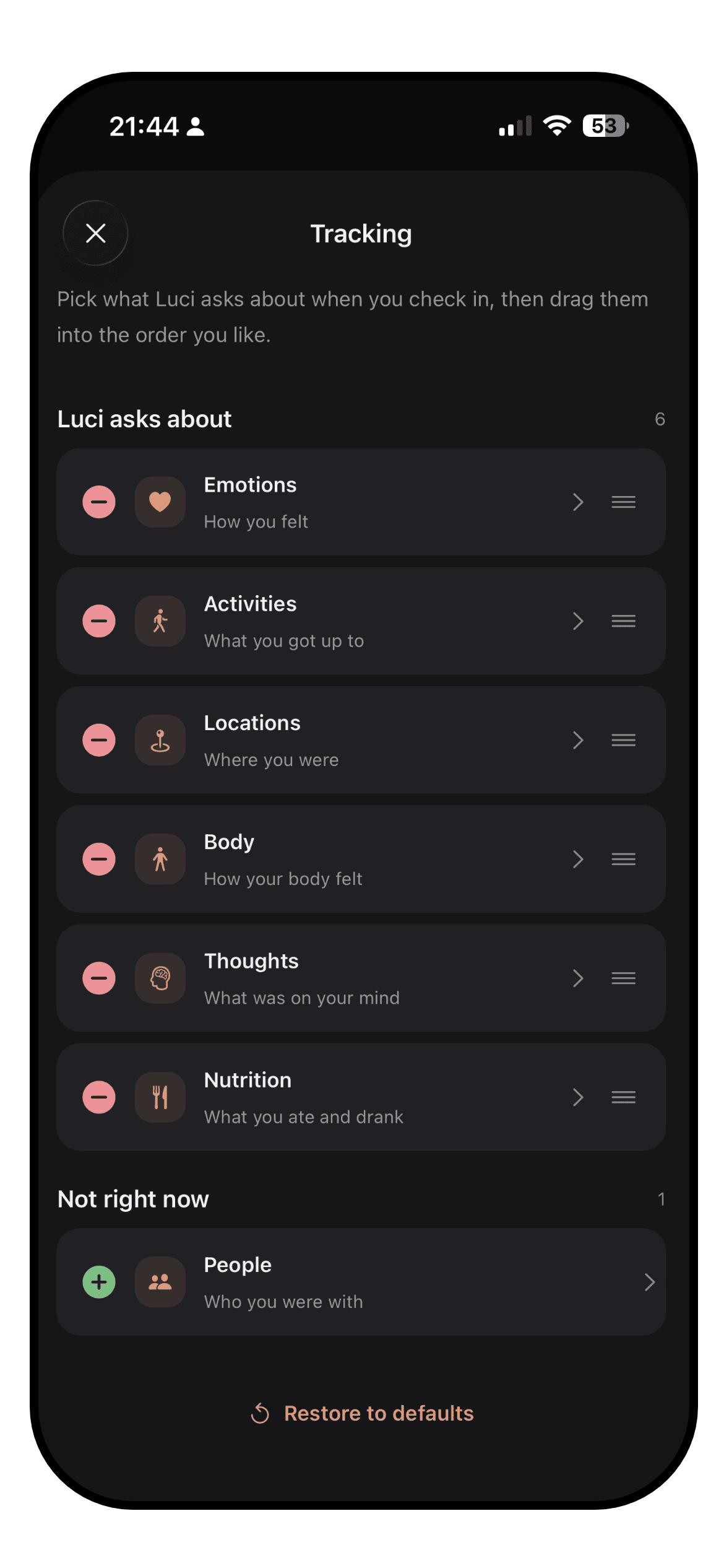 A long list of user-added activities and emotions in Luci