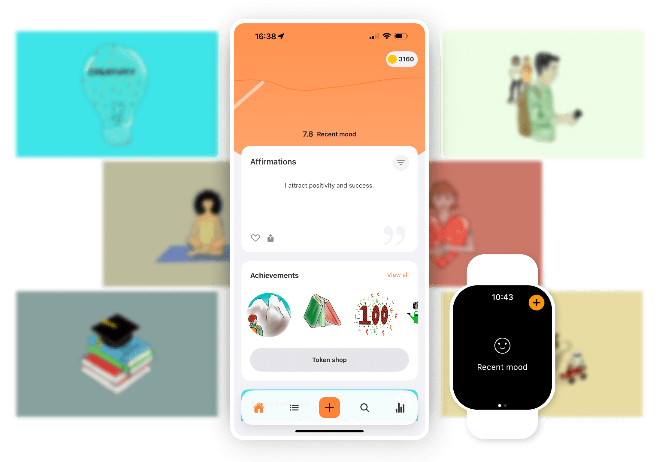 Luci - screenshot with drawings behind it showing mental health topics you can reflect on