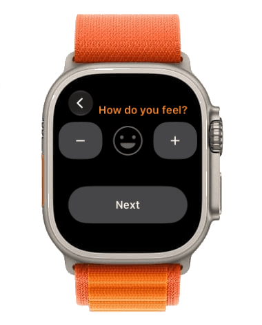 O Luci num Apple Watch Ultra com bracelete laranja, um humor avaliado com 9,5 no controlo deslizante.