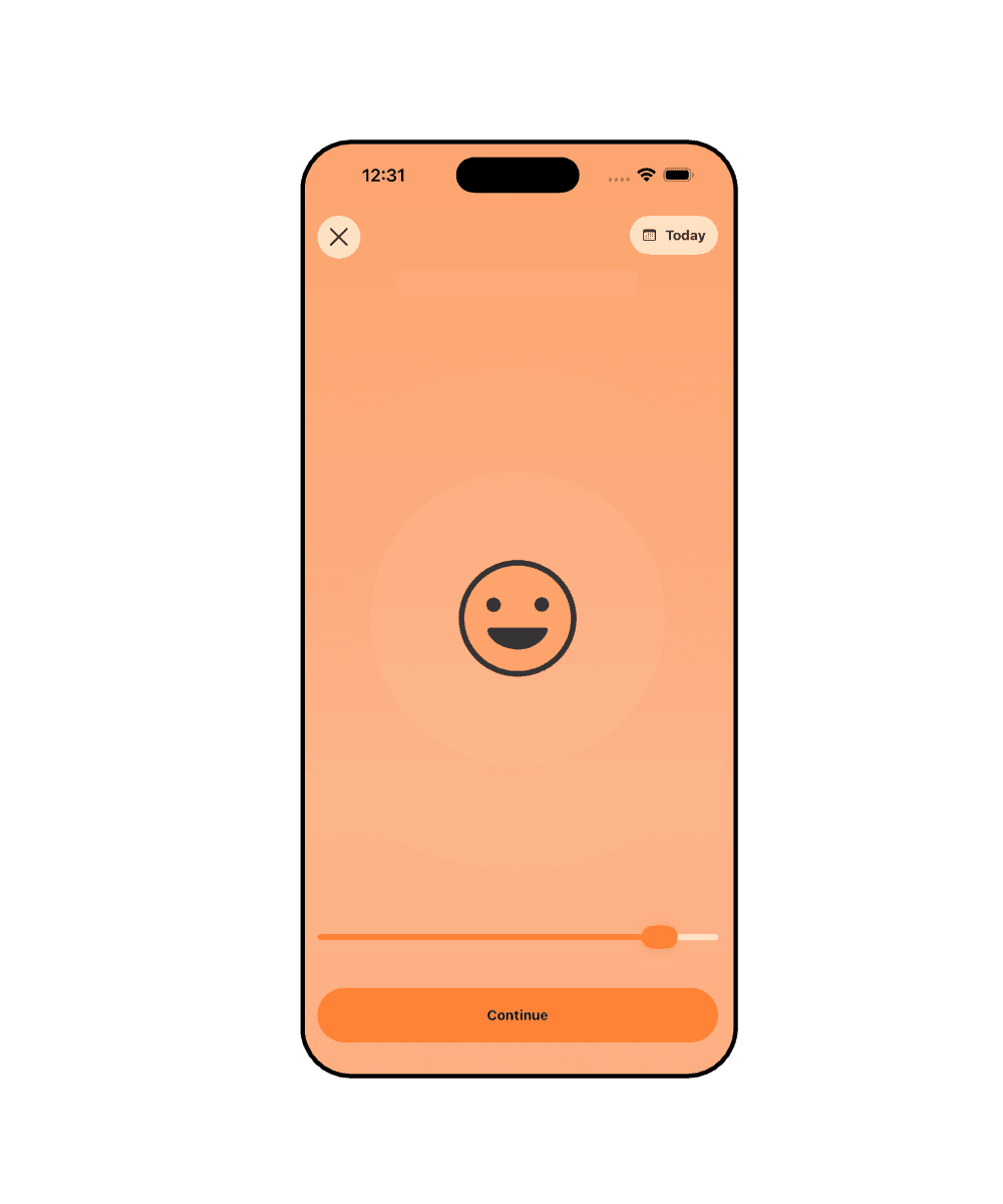 Logging a mood in Luci: a large smiling face on a warm orange screen, with the mood slider dragged towards the happy end.
