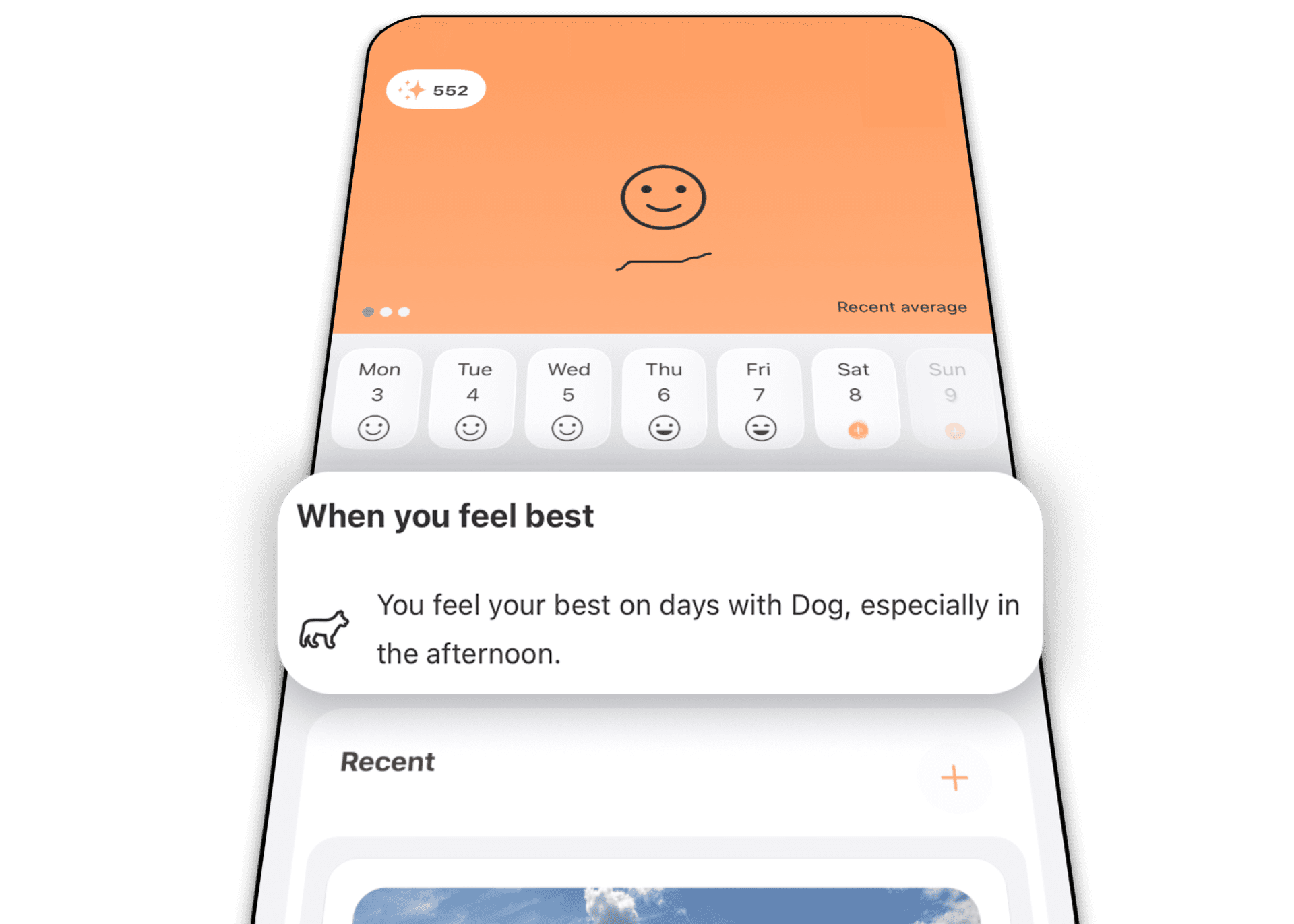 Three iPhones showing Luci: a map of the places you've logged, the home screen with today's mood and an insight card, and a year of stats with the Period in Pixels grid.