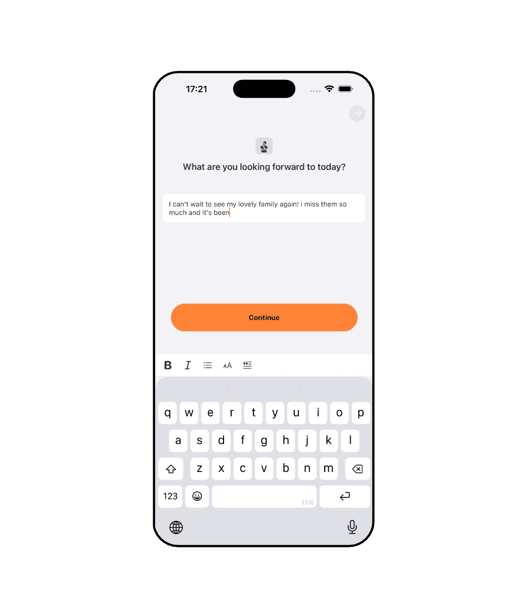 One of Luci's journal prompts on screen — "What are you looking forward to today?" — with an answer half typed and the keyboard open.