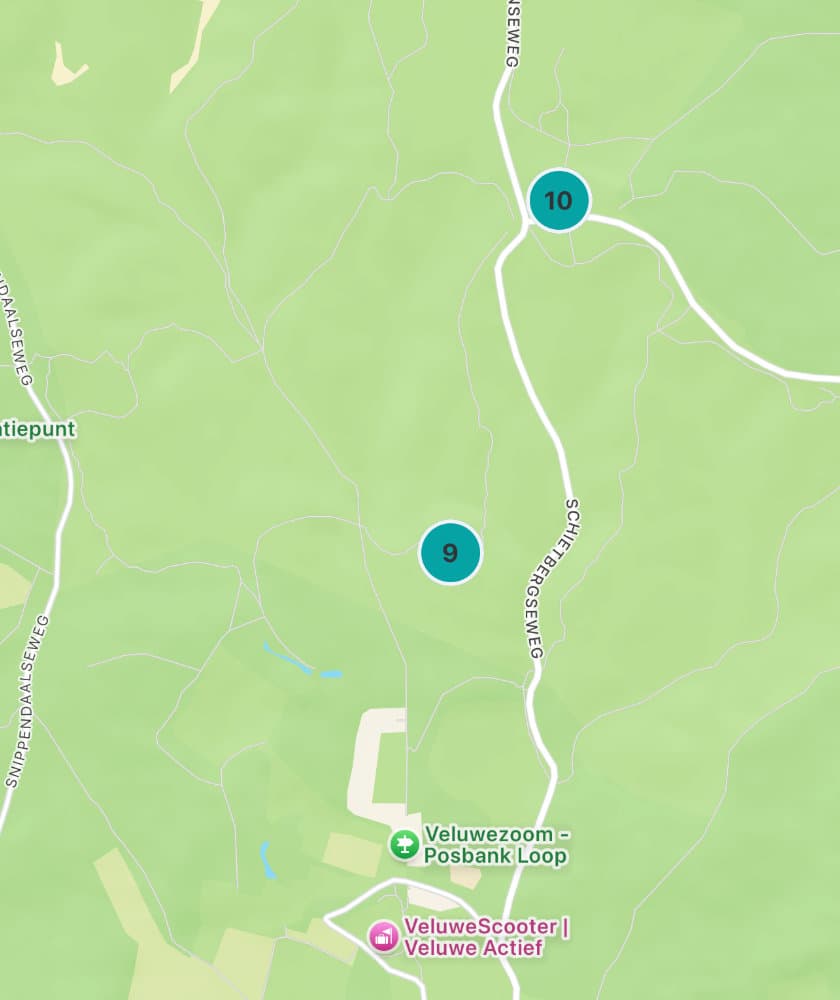 Um mapa no Luci com pinos de humor que mostram 10 e 9 em dois sítios que esta pessoa registou.