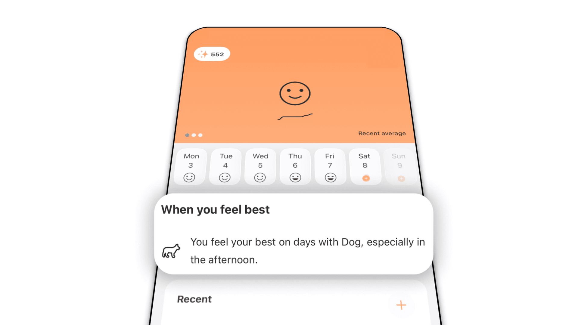 Luci on a phone, showing a week of moods above a plain-language insight card reading "You feel your best on days with Dog, especially in the afternoon."