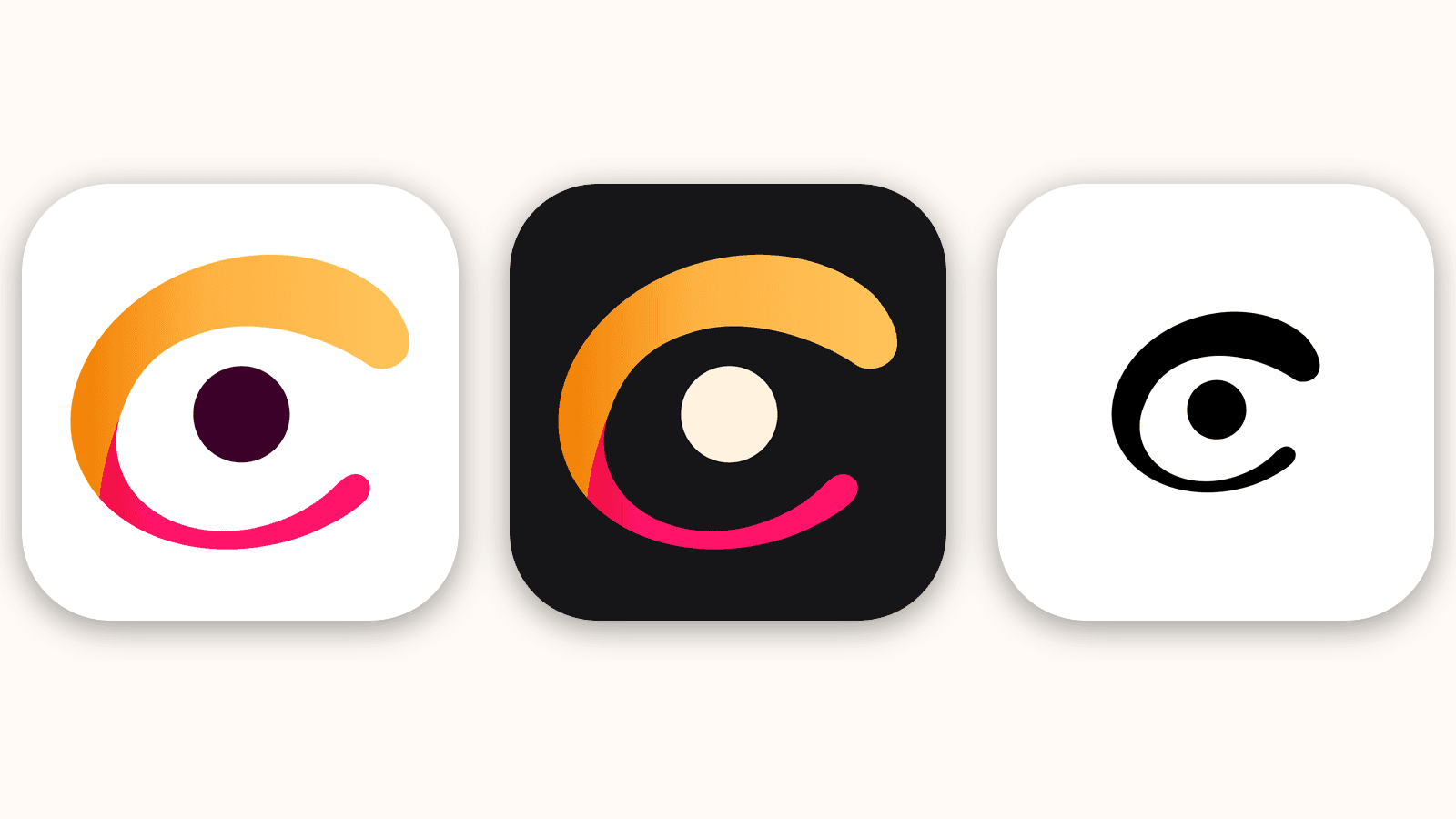 Three of the Luci marks side by side: the orange-to-pink eye on white, the same eye on near-black, and the one-colour black version.