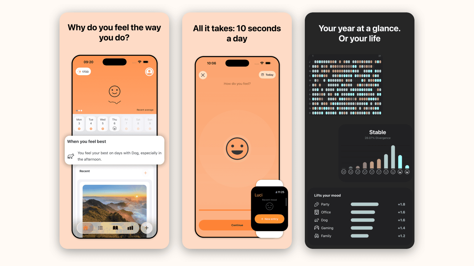Three of the iPhone screenshots side by side: the home screen with an insight card, the ten-second mood logger with the Apple Watch, and Year in Pixels.