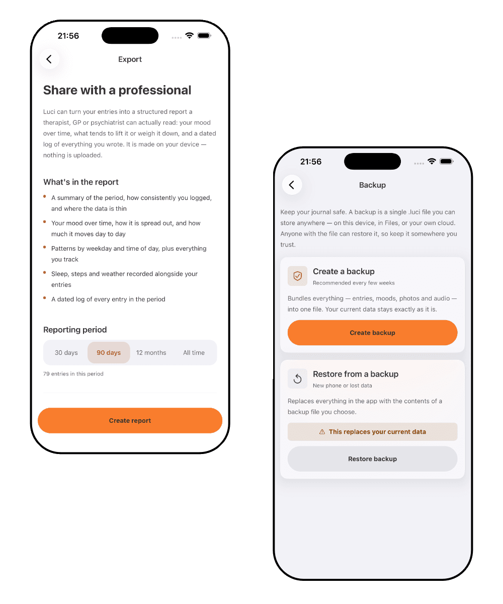 Luci's export screen offering a structured report to share with a professional, alongside backup and restore