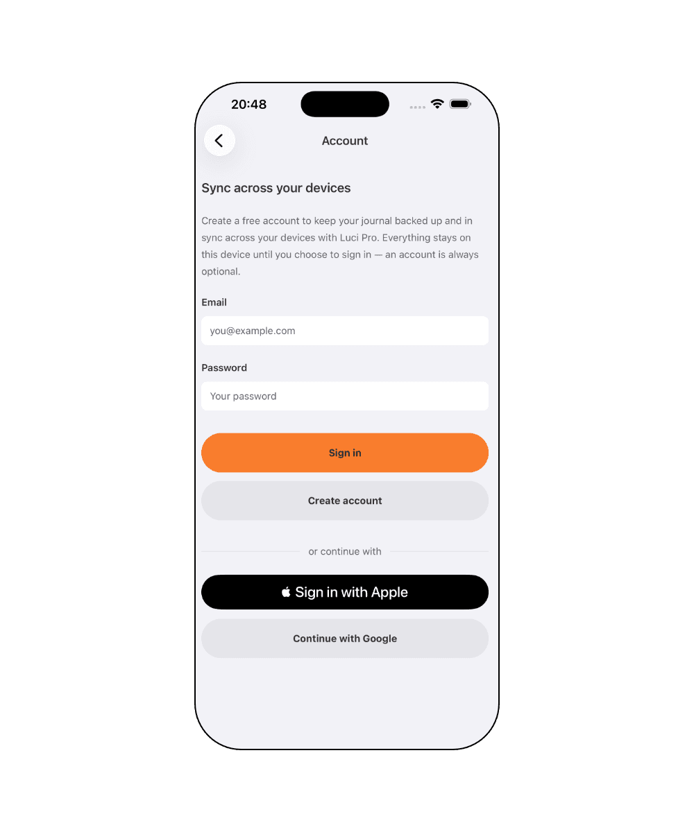 The Luci account screen, explaining that everything stays on your device until you choose to sign in