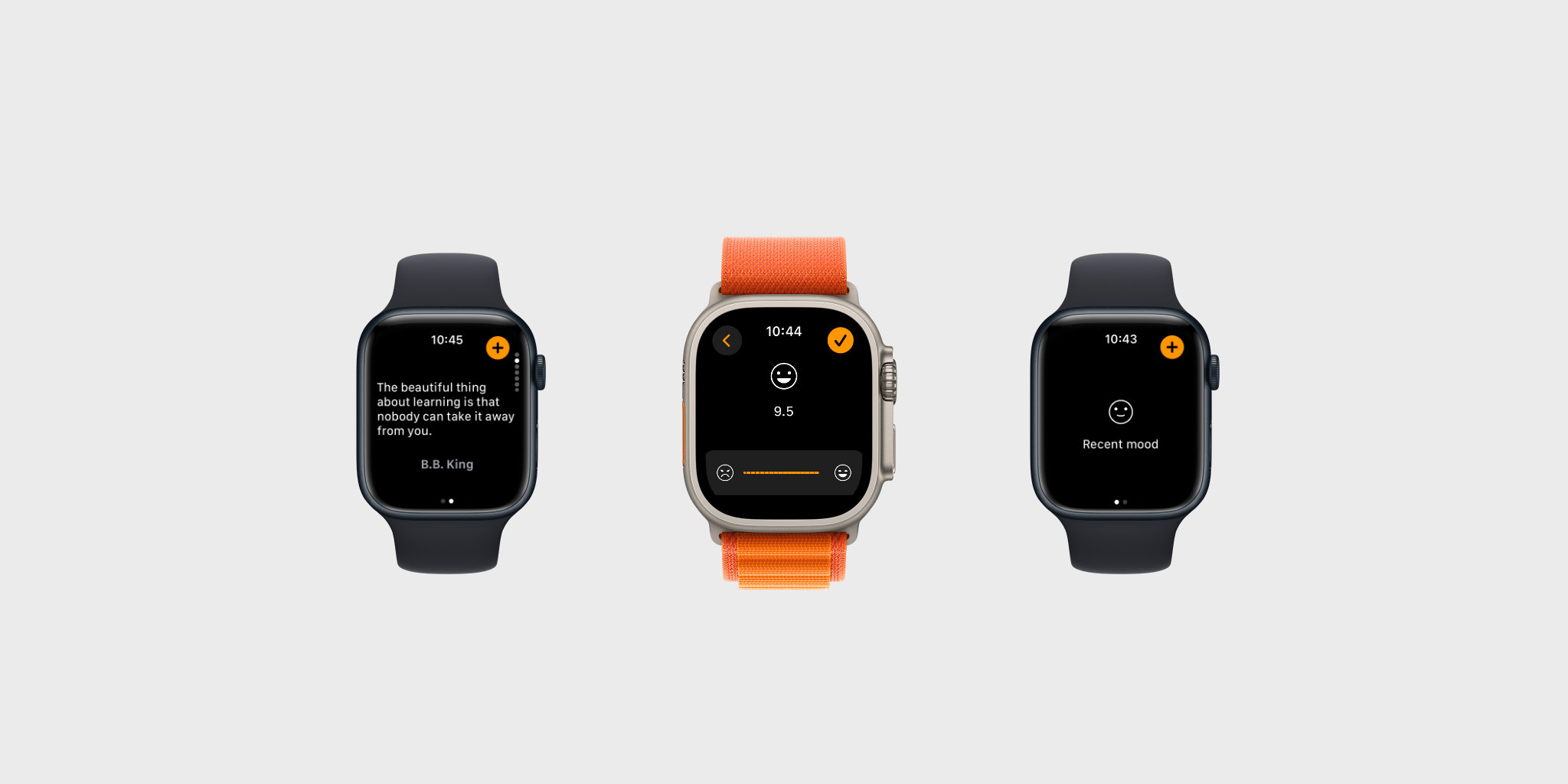 Eine Stimmungsbewertung auf einer Apple Watch protokollieren, neben der Recent-Mood-Komplikation